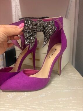 JustFab Purple Suede Pointed-Toe Ankle-Strap Heels with Crystal Bow Accent